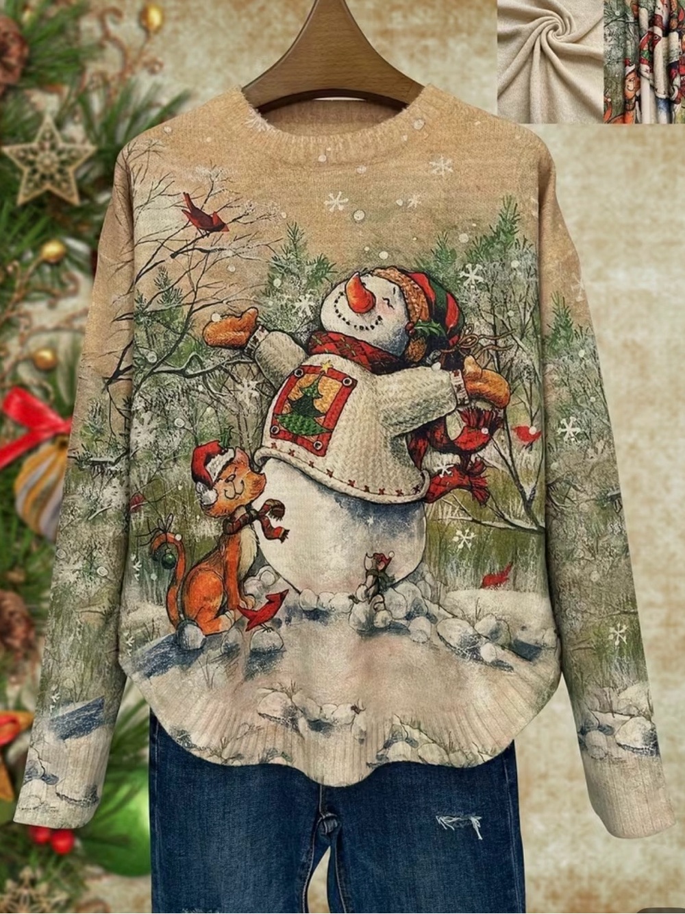 NWT Beige Snowman & Cat Holiday Crewneck Sweater, Christmas Sweaters, Size 2X